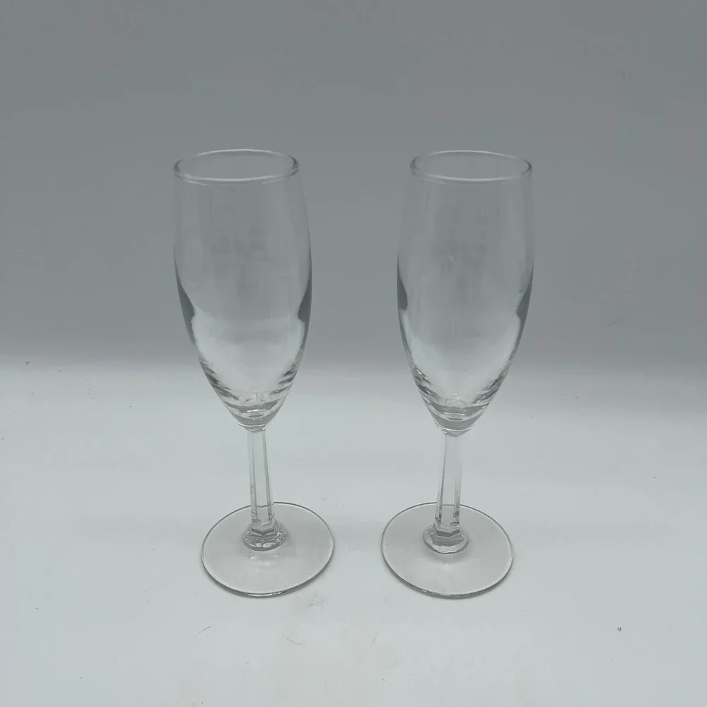 Pair of Etched Clear Glass Champagne Flutes w Faceted Hexagonal Stems Set of 2